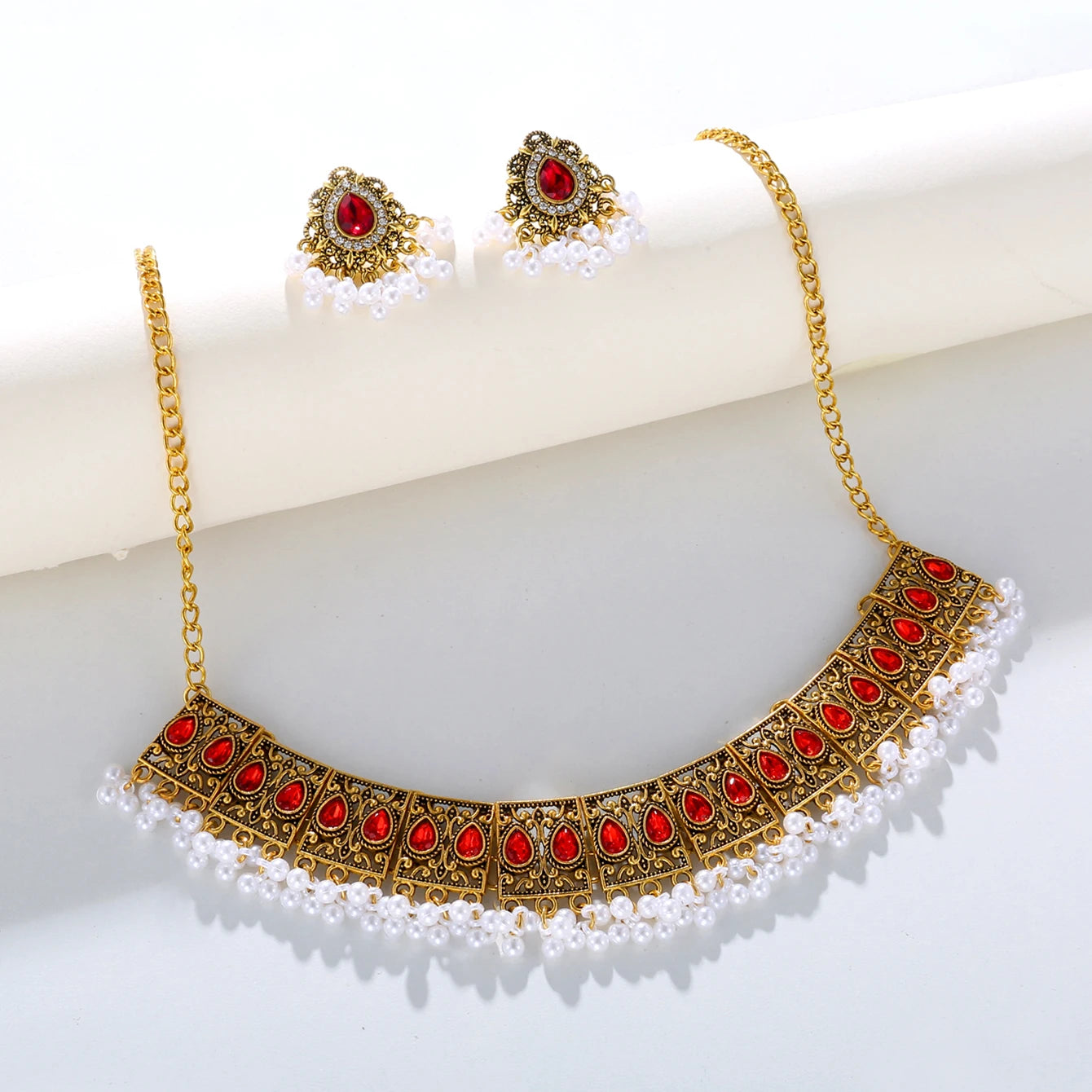 Luxury Vintage Indian Jewelry Set Antique Gold Plated Crystal Zircon Necklace Earrings Sets Ethnic Bridal Wedding Jewelry