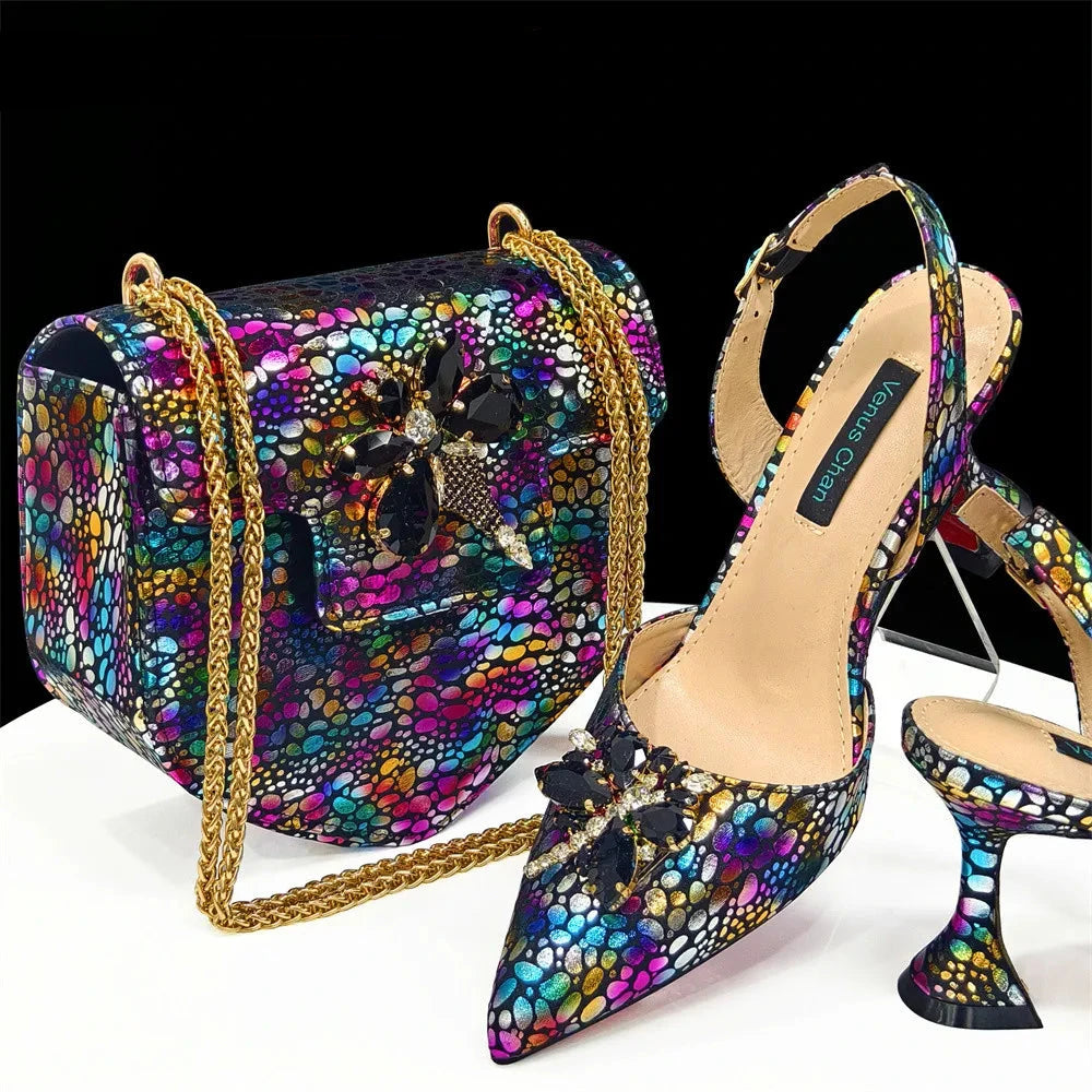 Spring New Arrivals Italian Design Shoes and Bag Set in Colored drawing Color Pointed Toe Comfortable Heels for Party