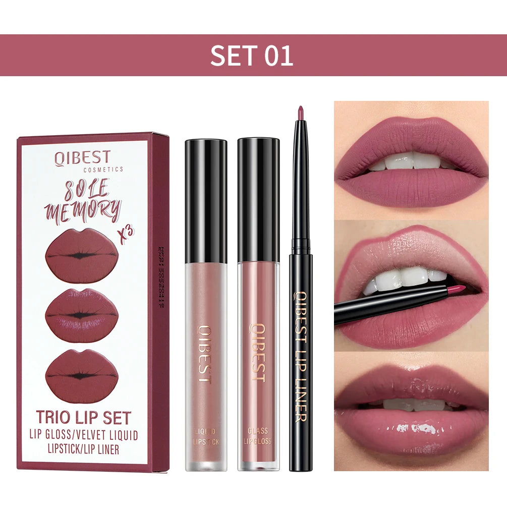 New 3pcs/set Liquid Lipstick Lip Liner Long Lasting Cosmetic Black Brown Purple Red Matte Lip Gloss Nude Lip Tint Stain Makeup