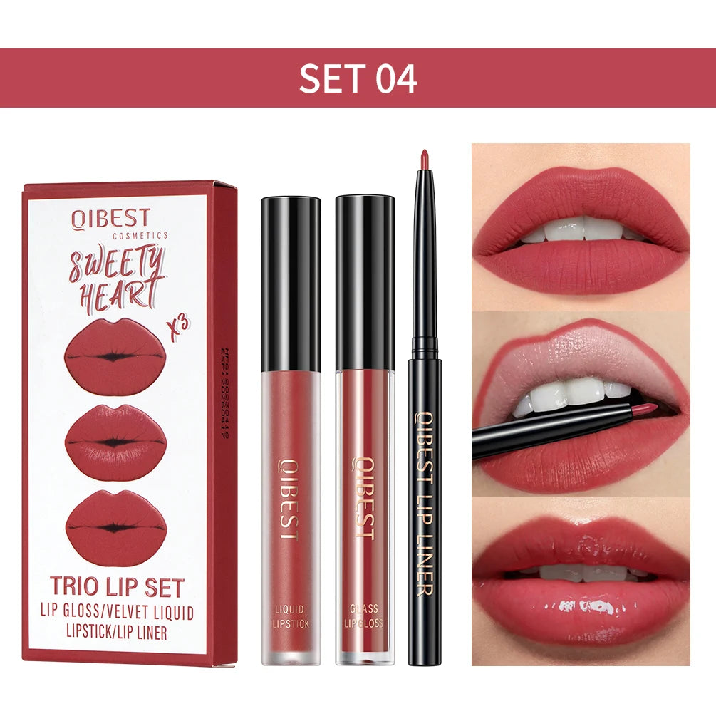 New 3pcs/set Liquid Lipstick Lip Liner Long Lasting Cosmetic Black Brown Purple Red Matte Lip Gloss Nude Lip Tint Stain Makeup