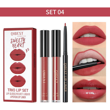 New 3pcs/set Liquid Lipstick Lip Liner Long Lasting Cosmetic Black Brown Purple Red Matte Lip Gloss Nude Lip Tint Stain Makeup