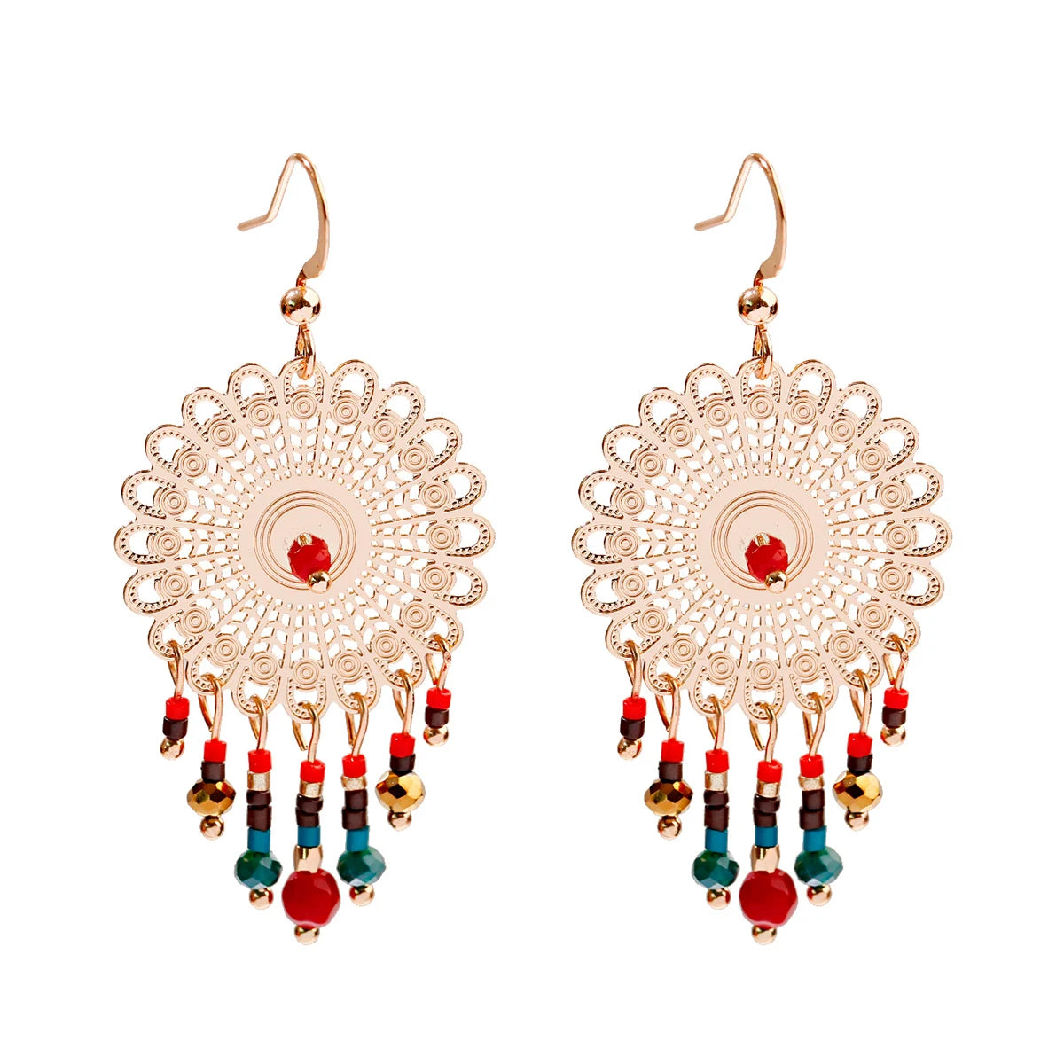 Ethnic Orange Beads Tassel Drop Earrings for Women Antique Gold Plated Geometric Pendientes Earring Boho Vintage Jewelry
