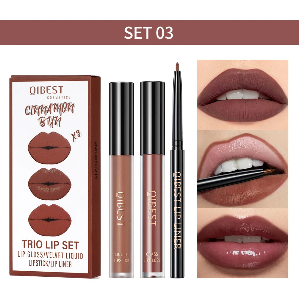New 3pcs/set Liquid Lipstick Lip Liner Long Lasting Cosmetic Black Brown Purple Red Matte Lip Gloss Nude Lip Tint Stain Makeup