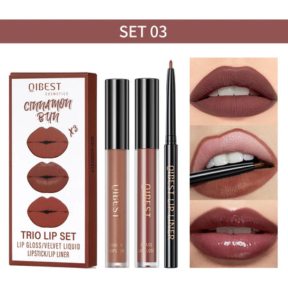 New 3pcs/set Liquid Lipstick Lip Liner Long Lasting Cosmetic Black Brown Purple Red Matte Lip Gloss Nude Lip Tint Stain Makeup