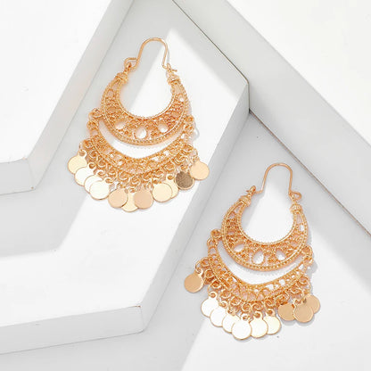 Docona Gypsy Gold Color Hollow Leaf Coin Pendant Earrings for Women Metal Long Tassel Drop Dangle Earring Pendientes 6643
