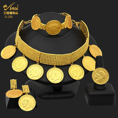 ANIID Dubai Gold Color Coin Necklace Bracelet Jewelry Sets For Women African Ethiopian Bridal Wedding Luxury Jewellery Gifts