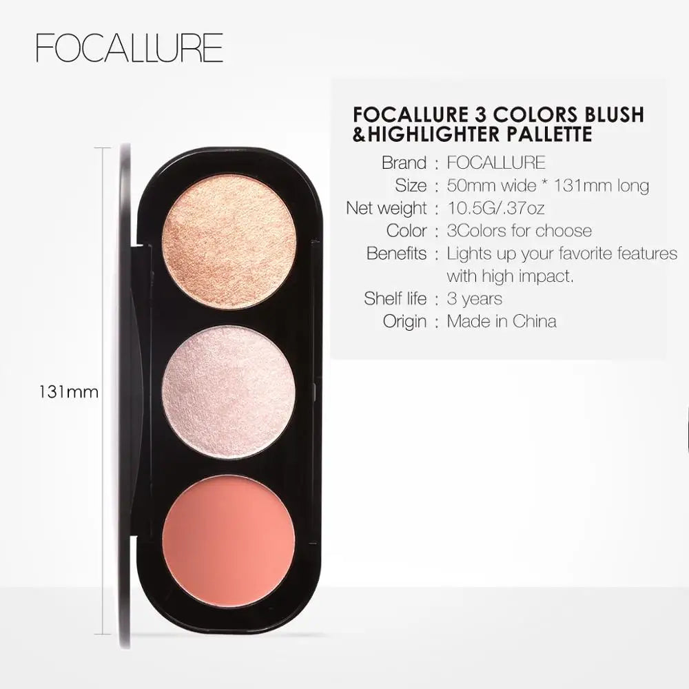 FOCALLURE 3 In 1 Makeup Palette Blush&Highlighter Face Matte Highlighter Powder Illuminated Bronzer Blusher Powder