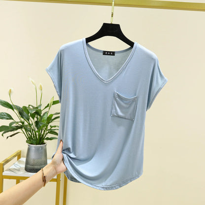 Summer Thin Tshirts V-Neck short sleeves Women Modal Loose T-Shirt with pocket Solid color Plus size Basic Tee Tops