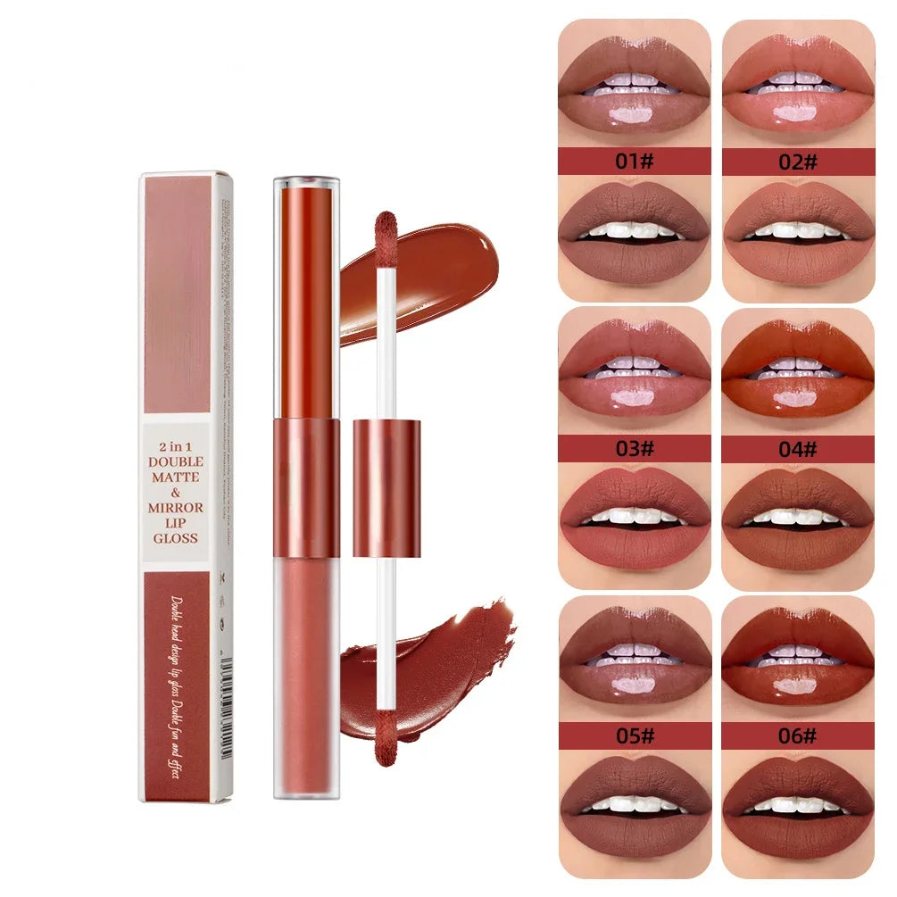 Matte Lipstick Double Head Lip Coat 24H Non-stick Cup Lip Gloss Tint Plumper Long Lasting Waterproof Lipstick Makeup