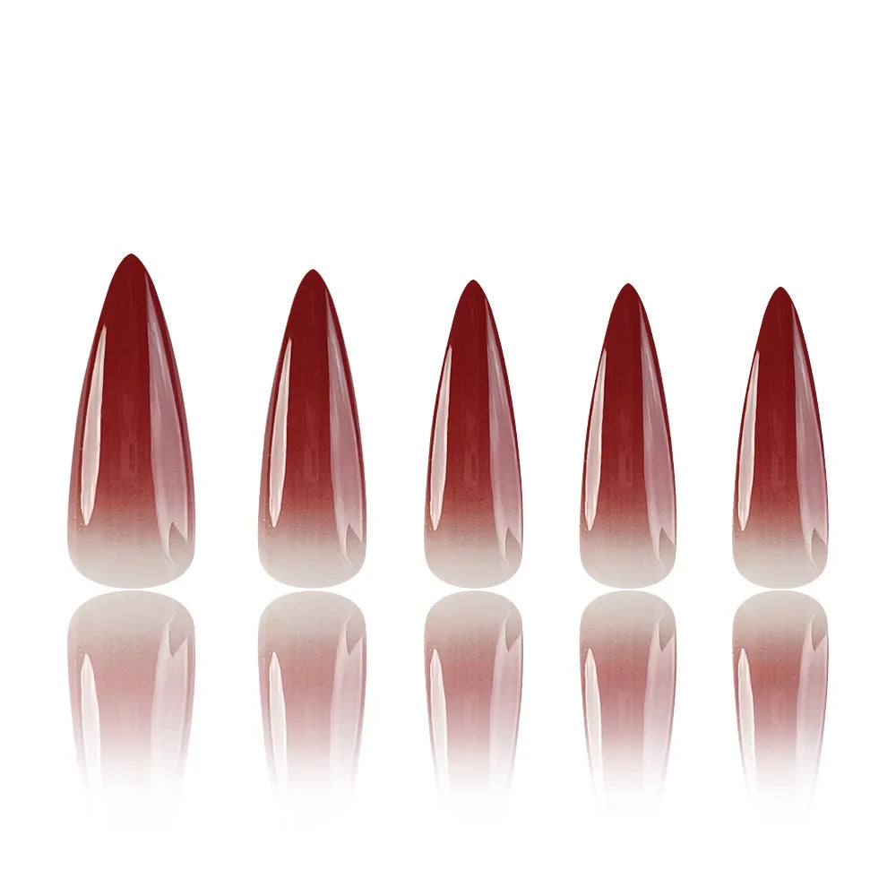 Wine Red Fake Nail Tips Long Pointed Head Glossy Press on Nails Wearable Full Cover INS Gradient Color False Nail Tips 24pcs