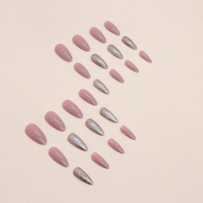 24pcs Solid Bean Pink Almond Glitter Medium Long Nails Press on False Nails with Glue Reusable Woman Artificial Fake Nail Tips