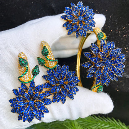 GODKI Luxury Lotus Flower 3PCS Bracelet Ring Earring Set For Women Wedding Bridal Zircon African/Indian/Dubai Bridal Jewelry Set