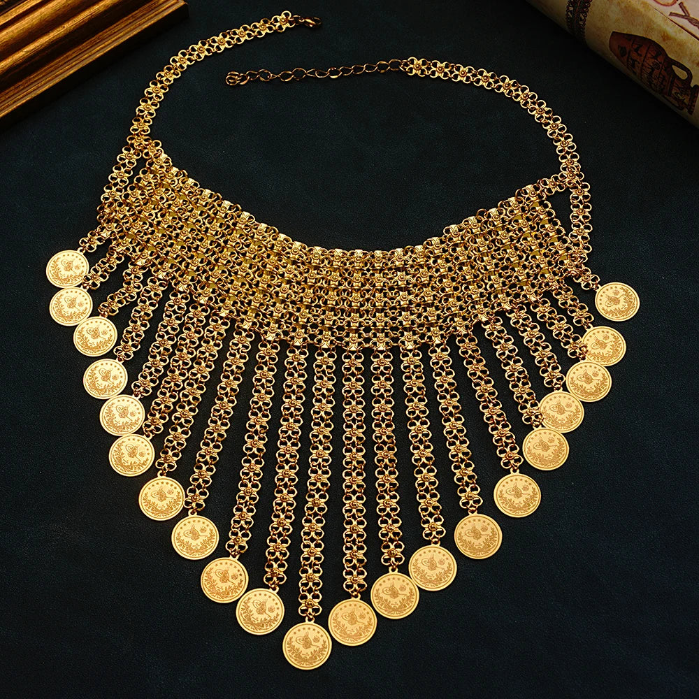 New Tassels Gold Plated Coin Necklace for Women Turkish Bridal Chains Necklaces Ethnic Wedding Jewelry Bride