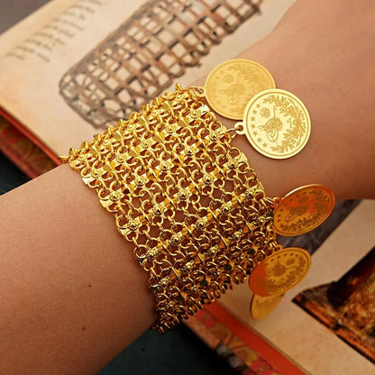 Turkish Kurd Wedding Jewelry Bracelet Gold Plated Coin Chain Bangle Ethnic Women Cuff Bracelet Birdal