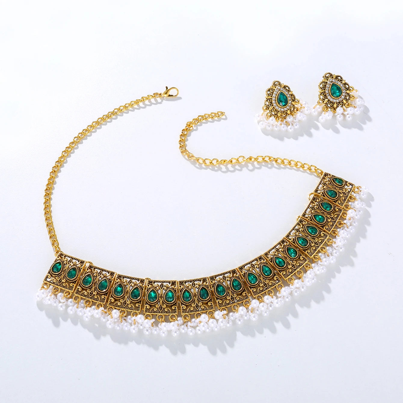 Luxury Vintage Indian Jewelry Set Antique Gold Plated Crystal Zircon Necklace Earrings Sets Ethnic Bridal Wedding Jewelry