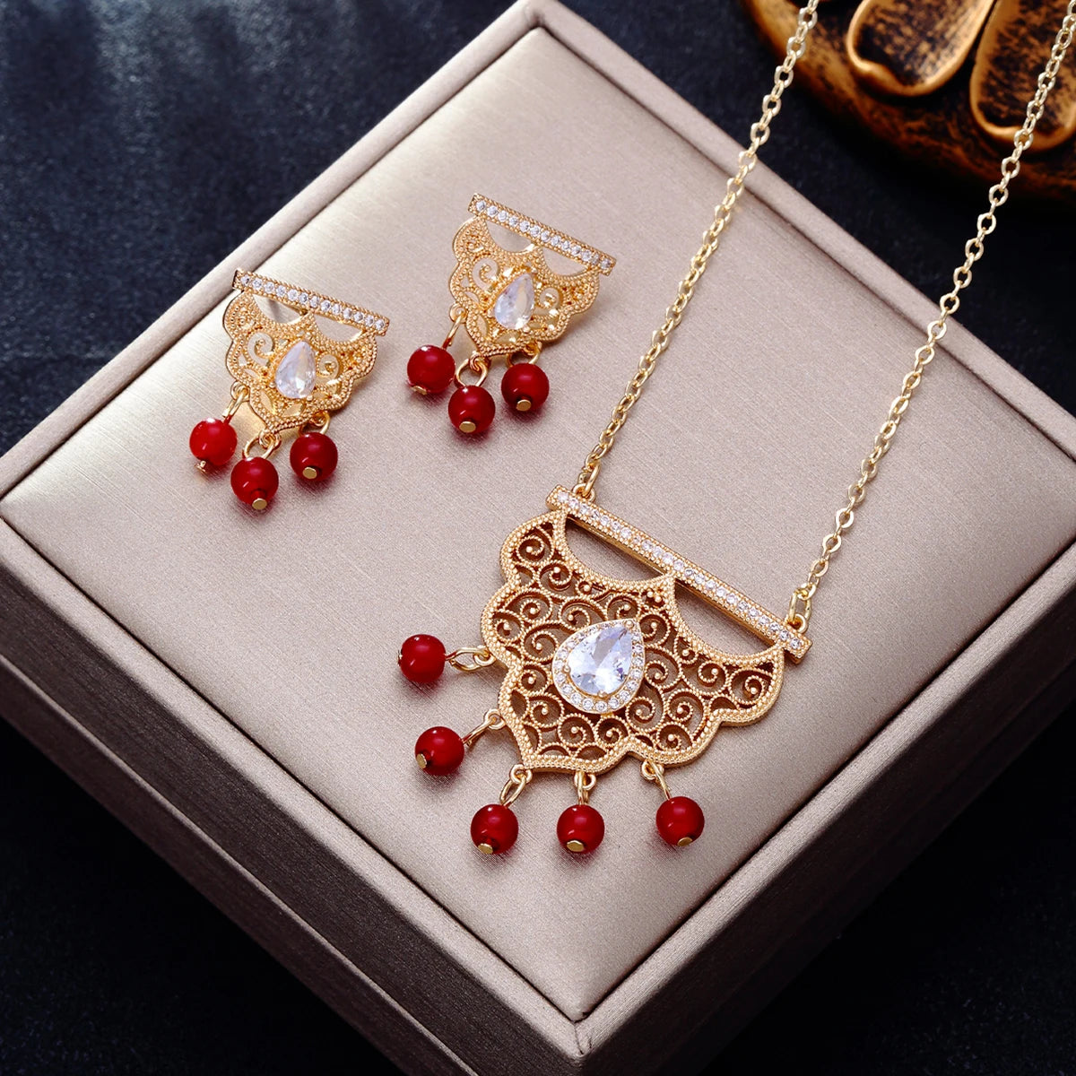 Ethnic Vintage Indian Jewelry Set for Women Bijoux Retro Gold Plated Round Beads Tassel Earring Necklace Sets Luxury Dubai Jewel