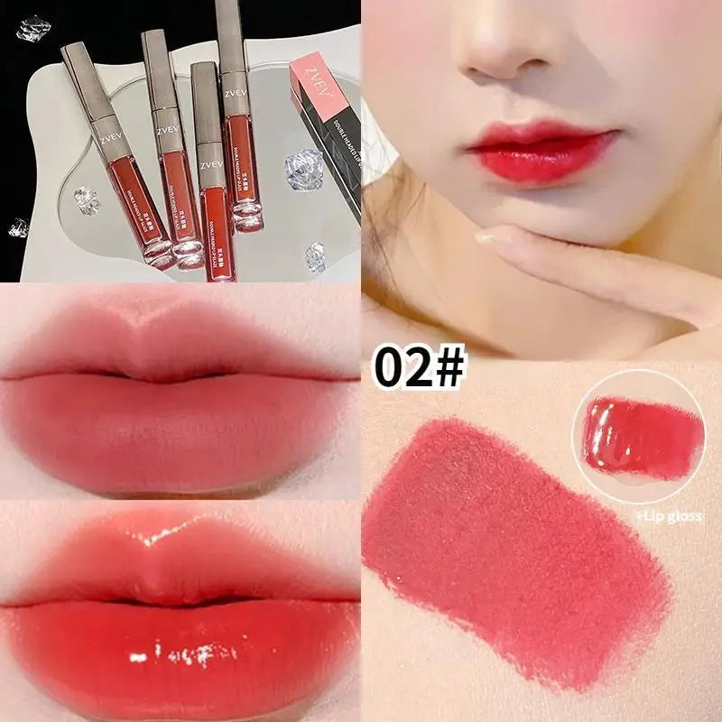 Two-in-one double-ended lip glaze  mirror gloss  matte lip mud  non-stick cup  non-fading  whitening gift