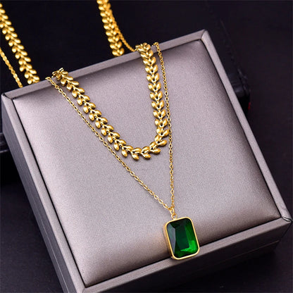 Kuziduocai Stainless Steel New Fashion Upscale Jewelry 2 Layer Square Shape Zircon Charms Chain Choker Necklaces Earrings For Women