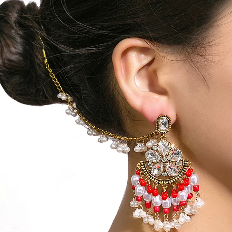 Retro Crystal Flower Indian Earring Link Headdress Jewelry One Piece Pearl Bead Tassel Dangle Earrings Gold Color Bohemia Bijoux