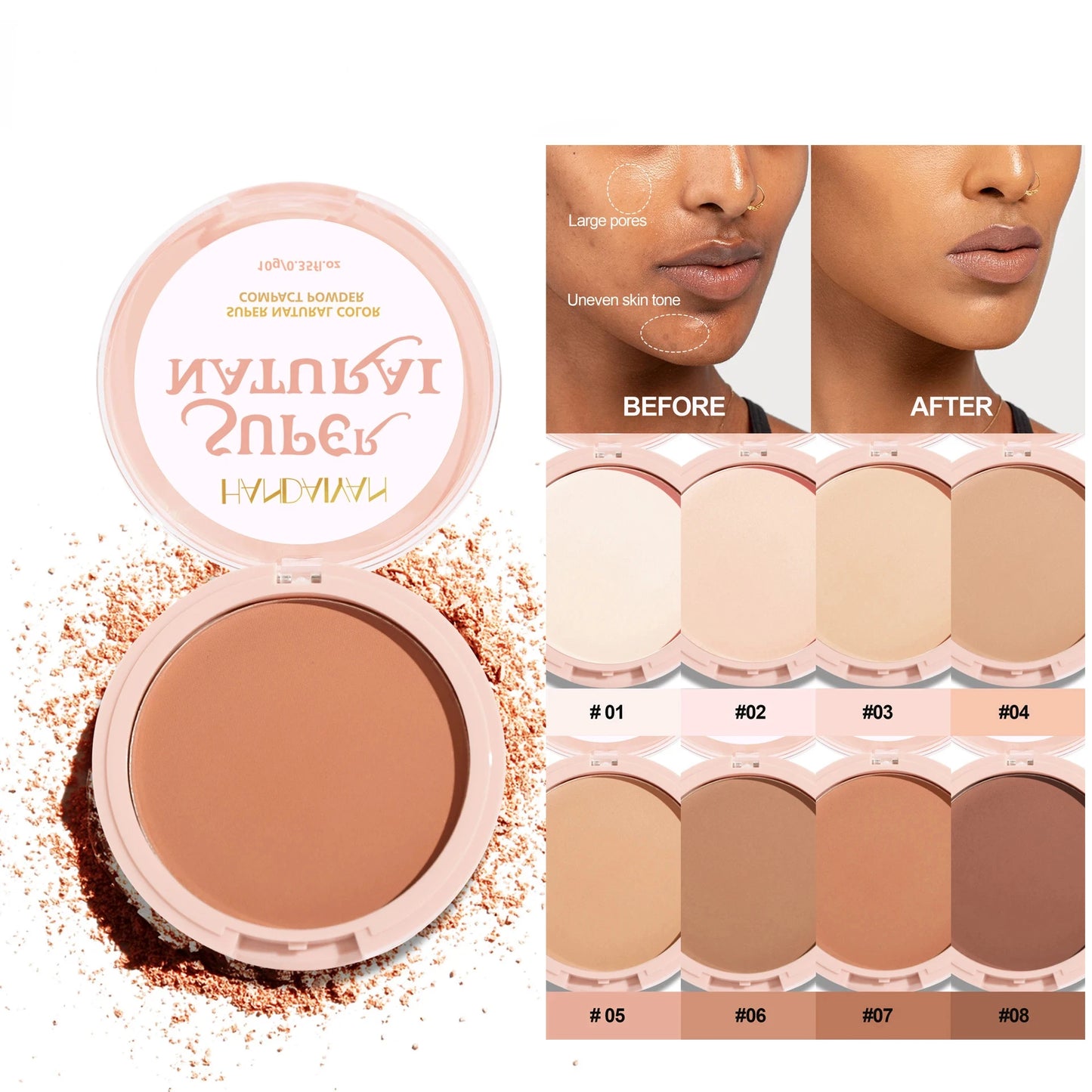 Handaiyan Matte Face Pressed Powder 24 Hours Oil Control Natural Setting Powder Foundation Full Coverage Waterproof Lasting Makeup