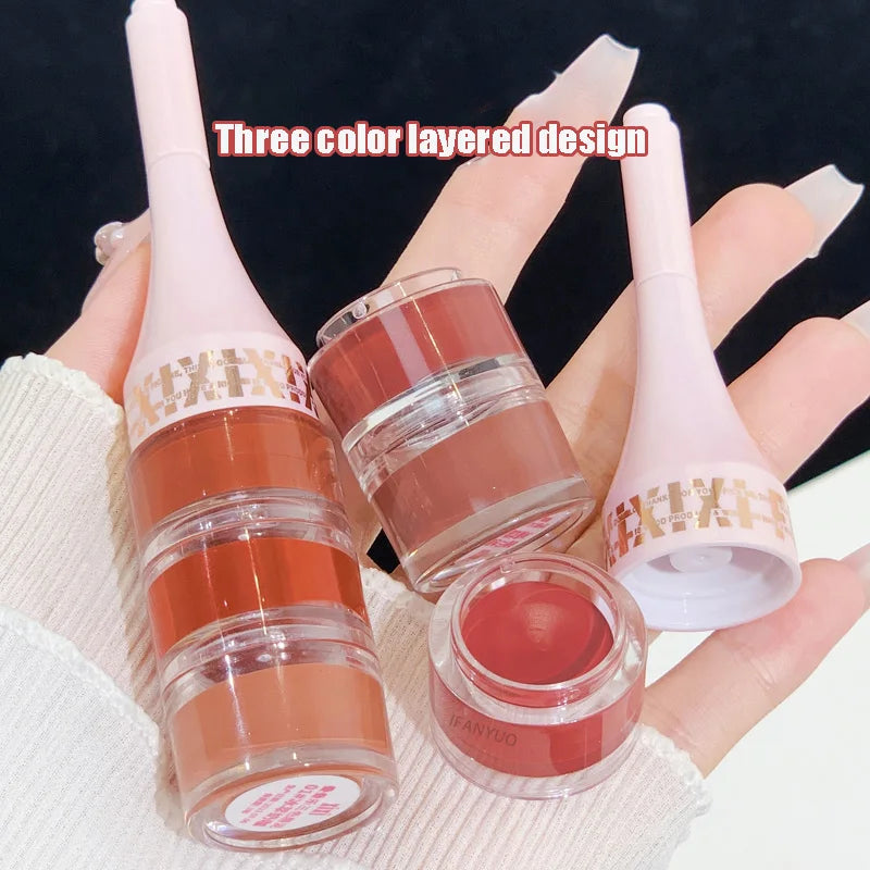 Tri-colour Canned Lip Mud Clay Matte Lipstick Blush Makeup Kit With Lip Brush Non-stick Cup Mousse Red Lip Tint Pigment Cosmetic