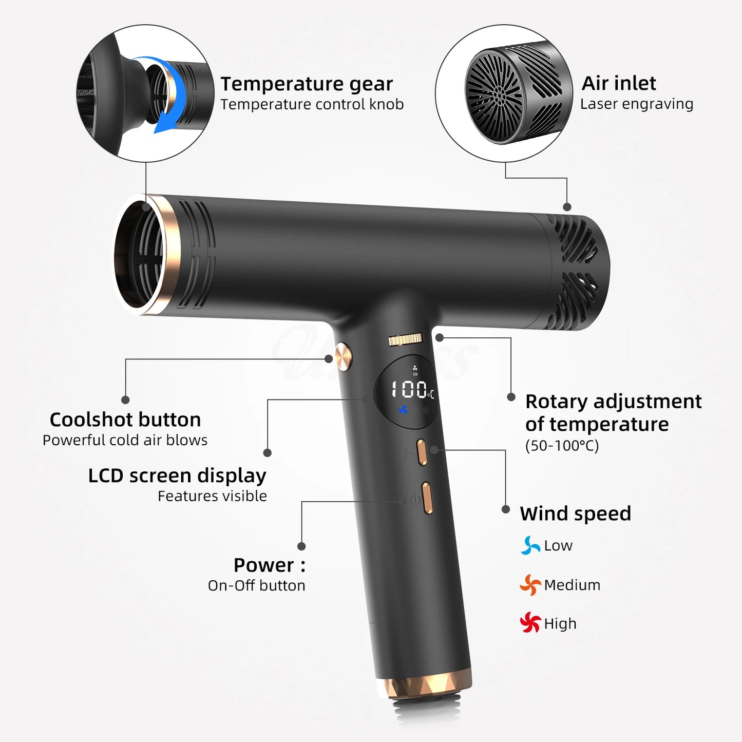 UKLISS Ionic Hair Dryer High Speed Blow Drier 1600W 110000rpm Hairdryer Negative Ion Hair Care Styler Professional Low Noise Blow Dryer