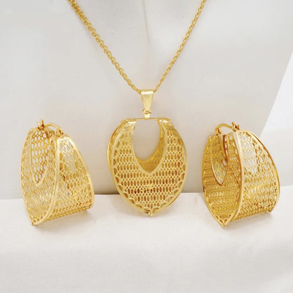 Fashion Dubai Jewelry Sets Gold Color Pendant Copper Classic Earrings Necklace For Women Daily Wear Party Anniversary Gifts