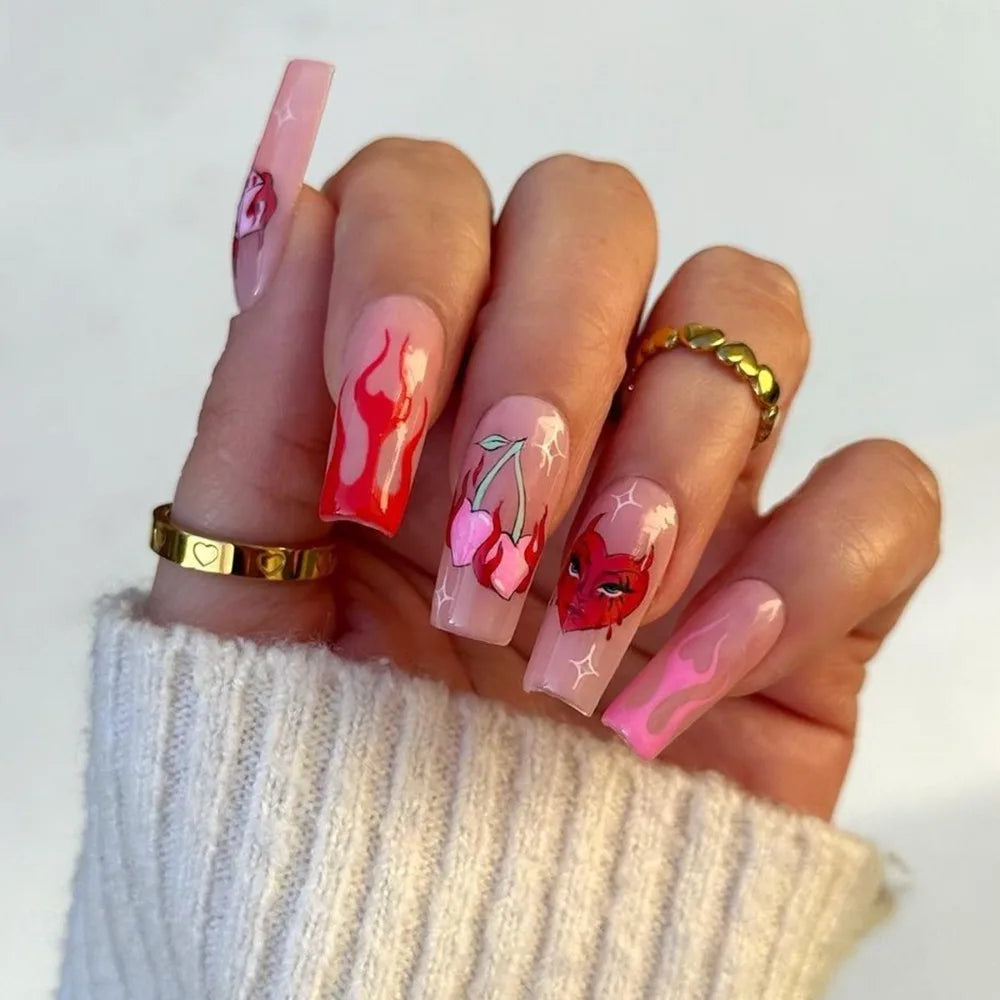 Press on Nails Long Ballet Nails Fashion Valentine's Day Rhinestone Wearable Fake Nails Manicure Tool Full Cover False Nail