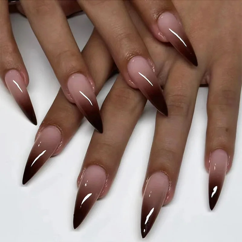 Wine Red Fake Nail Tips Long Pointed Head Glossy Press on Nails Wearable Full Cover INS Gradient Color False Nail Tips 24pcs