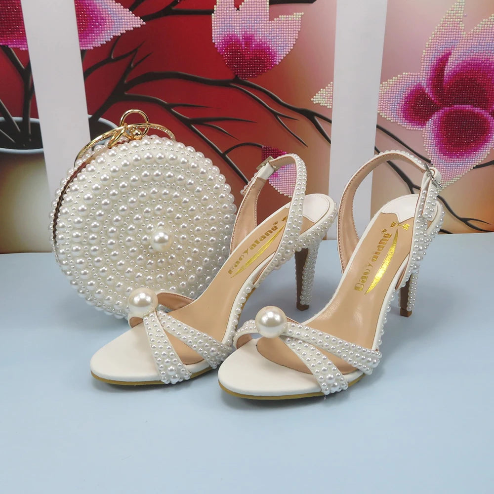 Lovein Crystal  New Arrival White Female Sandals Bridal shoes bag set woman Fashion Thin Heel Big Pearl Girls fashion Sandals party Shoes