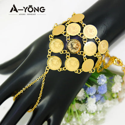 Turkish Coins Bracelet Finger Ring 18k Gold Plated Chic Elegant Bangles Women Wedding Party Jewelry