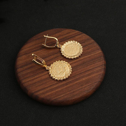 Dicai Coin Earrings Totem Pendant Arabian Coin Pendant Luxury Women Wedding Jewelry Party Favor Copper Gold Plated Hoop Fashion