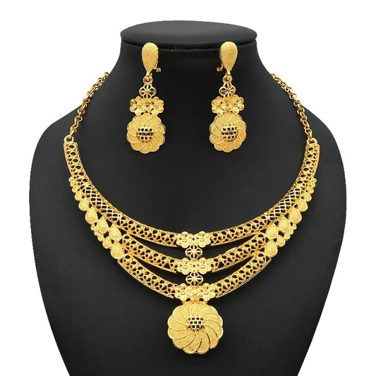 ANIID Indian Gold Plated Jewelry Set For Women African Bridal 24K Gold Color Necklace Earrings Set Dubai Nigerian Wedding Wholesale