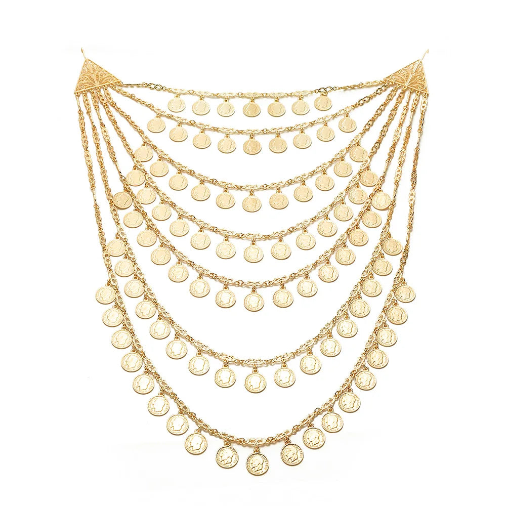 Wedding Bride Gold Color Necklace Handmade Multi-layer  Chest Chain Coin Necklace Body Chain Jewelry