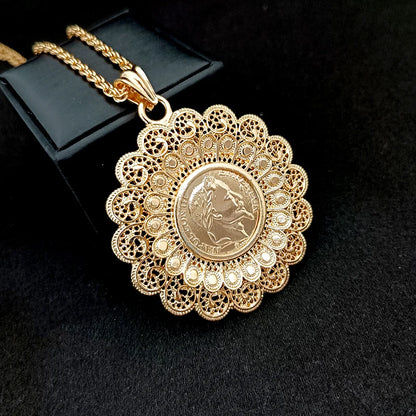French Vintage Coin Bracelet Dubai Ladies Necklace Slide Chain Arabian Ladies Robe Jewelry Set Gold Plated Pendant