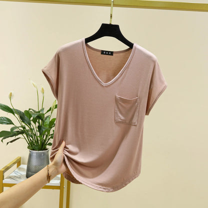Summer Thin Tshirts V-Neck short sleeves Women Modal Loose T-Shirt with pocket Solid color Plus size Basic Tee Tops
