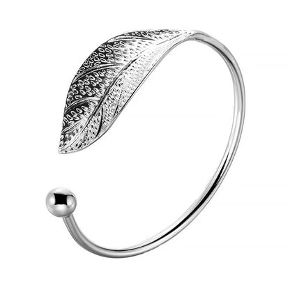 Fashion 925 Sterling Silver Woman Cuff Bracelet Open Leaf Shaped Adjustable Charm Bangle Girls Party Jewelry Christmas