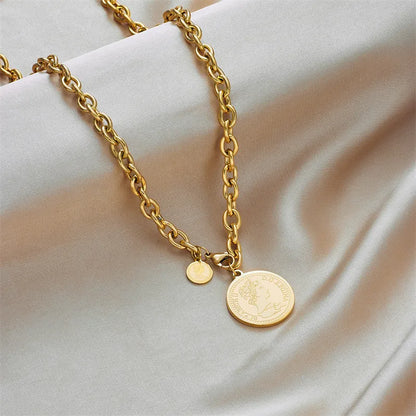 DIEYURO Stainless Steel Gold Color Hip Hop Round Portrait Coin Necklace For Women