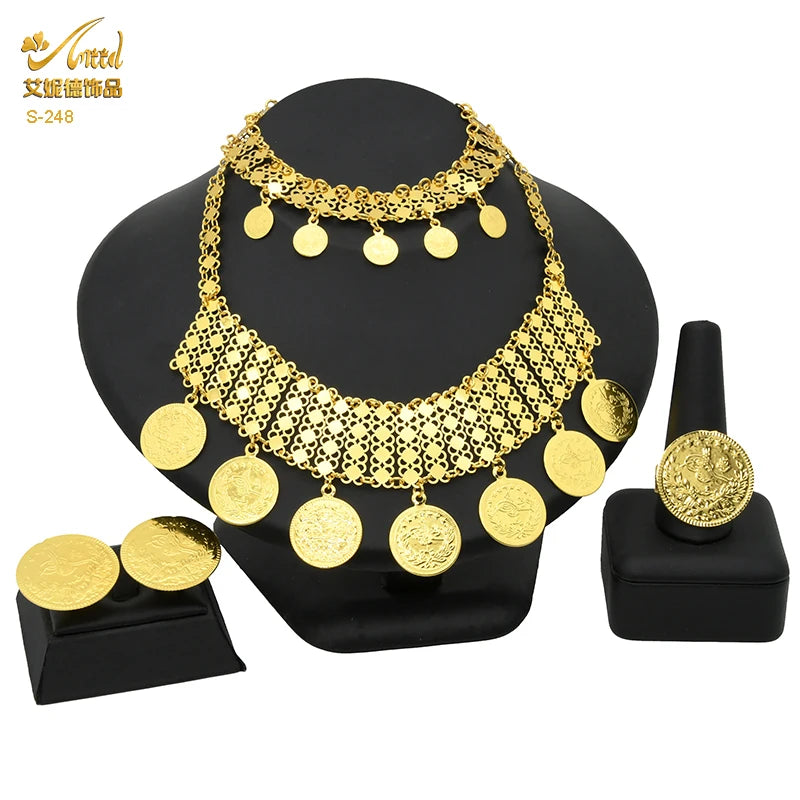 ANIID Dubai Gold Color Coin Necklace Bracelet Jewelry Sets For Women African Ethiopian Bridal Wedding Luxury Jewellery Gifts