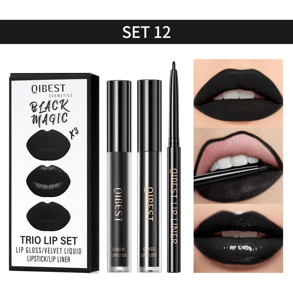 New 3pcs/set Liquid Lipstick Lip Liner Long Lasting Cosmetic Black Brown Purple Red Matte Lip Gloss Nude Lip Tint Stain Makeup