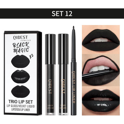 New 3pcs/set Liquid Lipstick Lip Liner Long Lasting Cosmetic Black Brown Purple Red Matte Lip Gloss Nude Lip Tint Stain Makeup