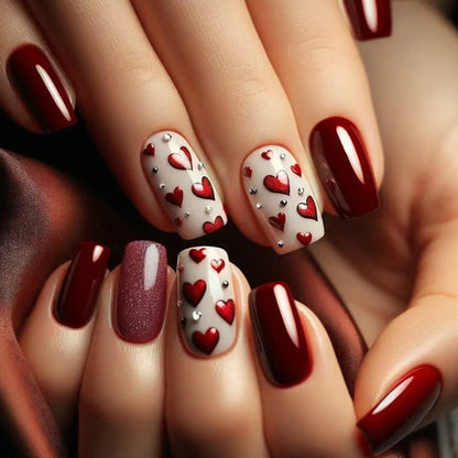 24pcs Ballet False Nails Simple Red Design Glitter Fake Nails Pearl Short Square Valentine’s Day Datachable Press on Nail Tips