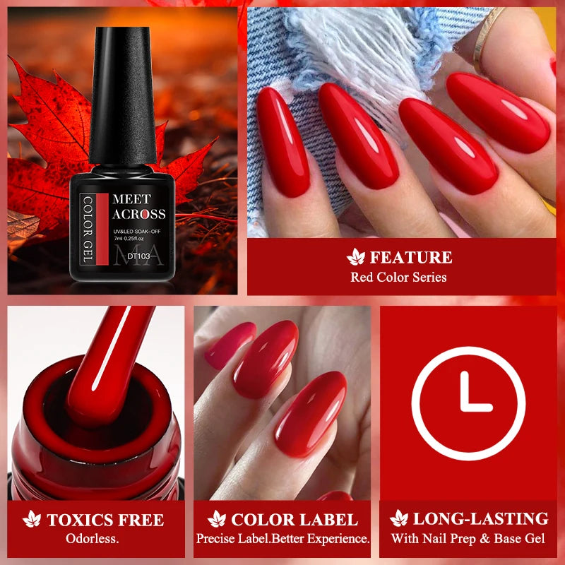 7ML Red Gel Nail Polish Autumn Winter Nails Red Glitter Semi Permanent Varnish Soak Off UV LED Nail Art Gel Polish Manicure DIY