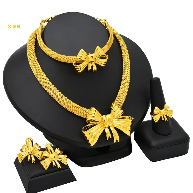 Dubai Women Gold Color Jewelry Sets African Wedding Bridal Ornament Gifts For Saudi Arab Necklace Bracelet Earrings Ring Set