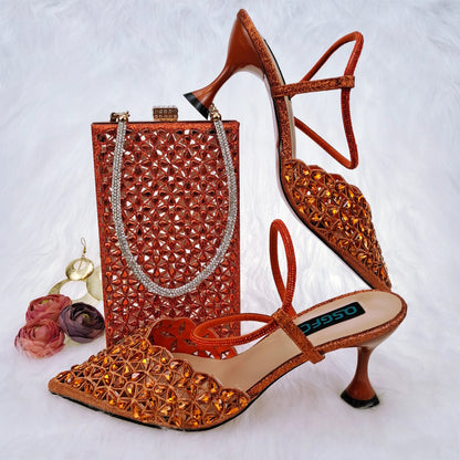 Colorful Party Ladies Shoes and Bag  Italian Pointed Cutout Design High Heels Bag with Drop-Shaped Rhinestones