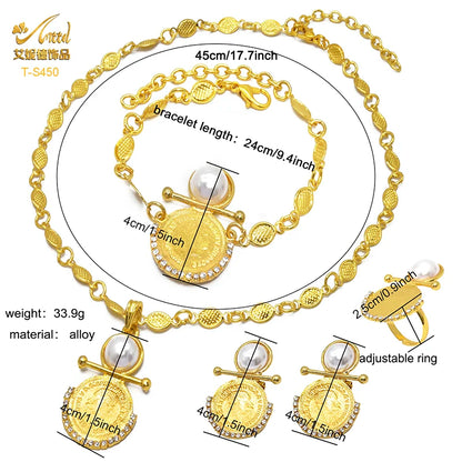 ANIID Coin Dubai Gold Color Jewelry Sets For Women Bridal Pearl Necklace Bracelets Earrings Ring 4Pcs Wedding Collection Set