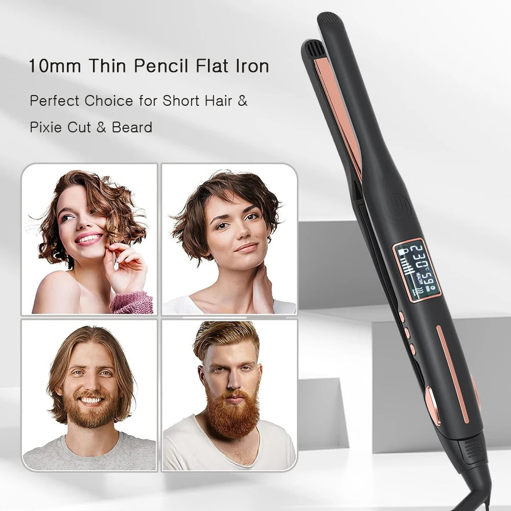 Hair Curler 450°F Pencil Hair Flat Iron 10mm Titanium Thinnest Narrow Mini Hair Straightener for Beard Short Hair Styling Tool