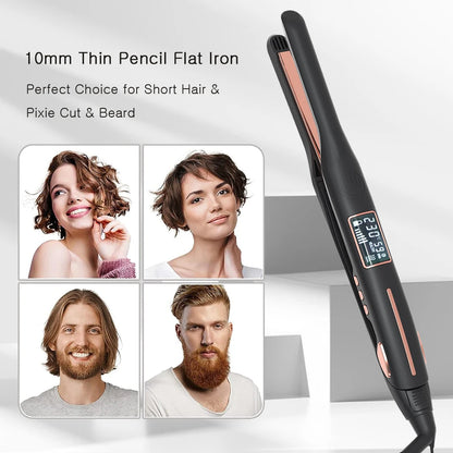 Hair Curler 450°F Pencil Hair Flat Iron 10mm Titanium Thinnest Narrow Mini Hair Straightener for Beard Short Hair Styling Tool