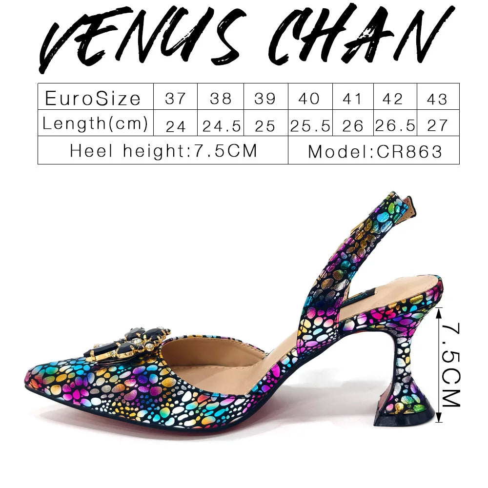 Spring New Arrivals Italian Design Shoes and Bag Set in Colored drawing Color Pointed Toe Comfortable Heels for Party