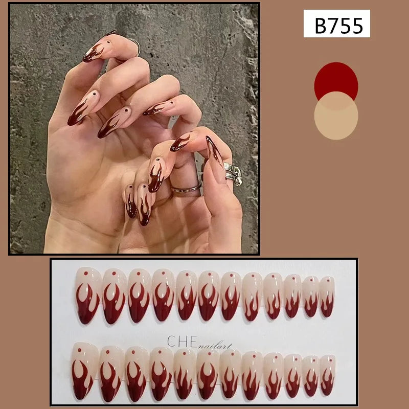Wine Red Fake Nail Tips Long Pointed Head Glossy Press on Nails Wearable Full Cover INS Gradient Color False Nail Tips 24pcs